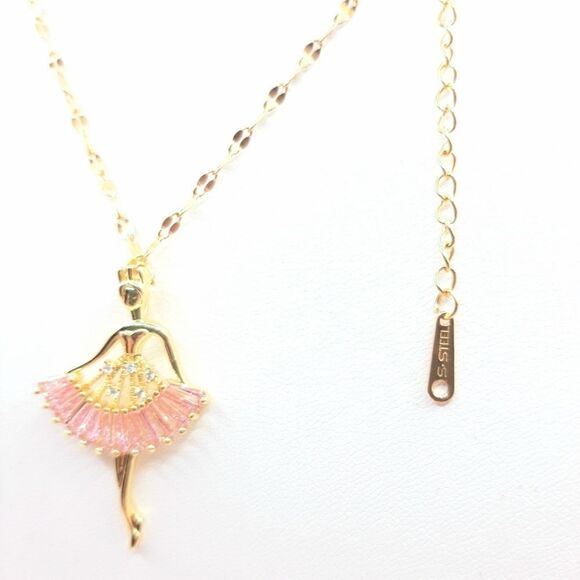 Ballet Dancer Necklace Gold Plated Stainless Steel Ballerina Pink New - Picture 5 of 5